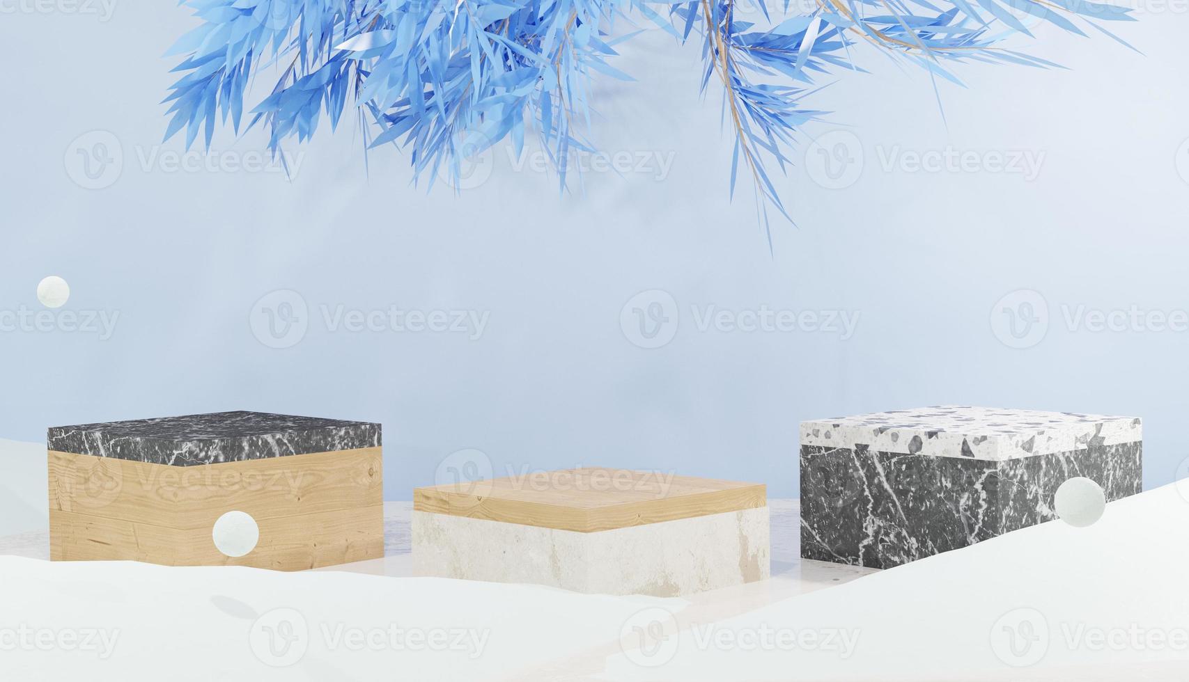 3D-bakgrund med 3 marmorpodium och löv omgivna av snö, vintertema foto