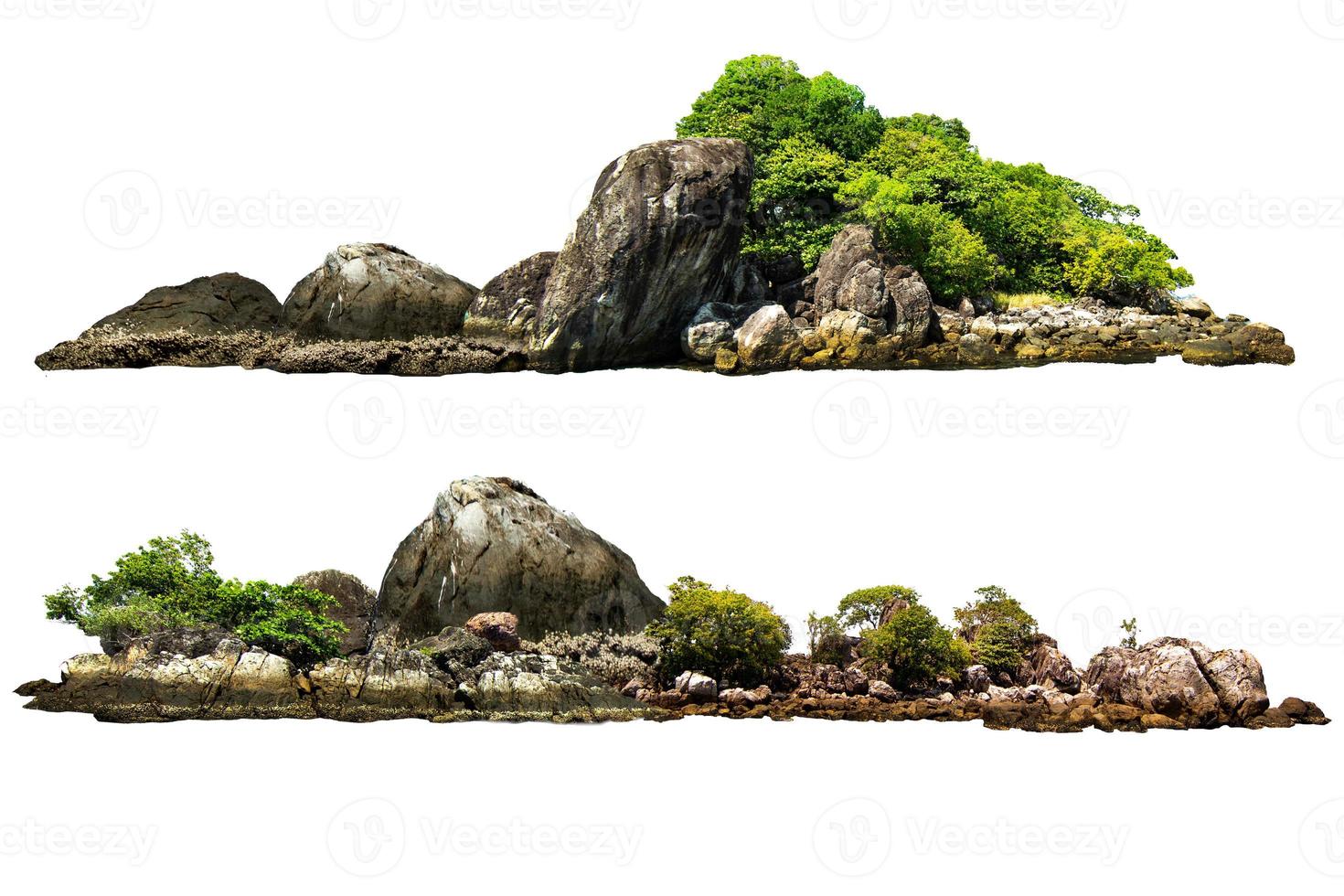 träden. berg på ön och rocks.isolated på vit bakgrund foto