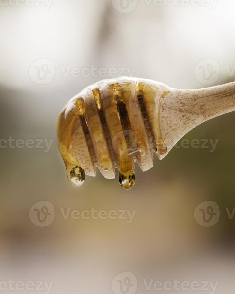 gyllene honung droppande med trä dipper. foto