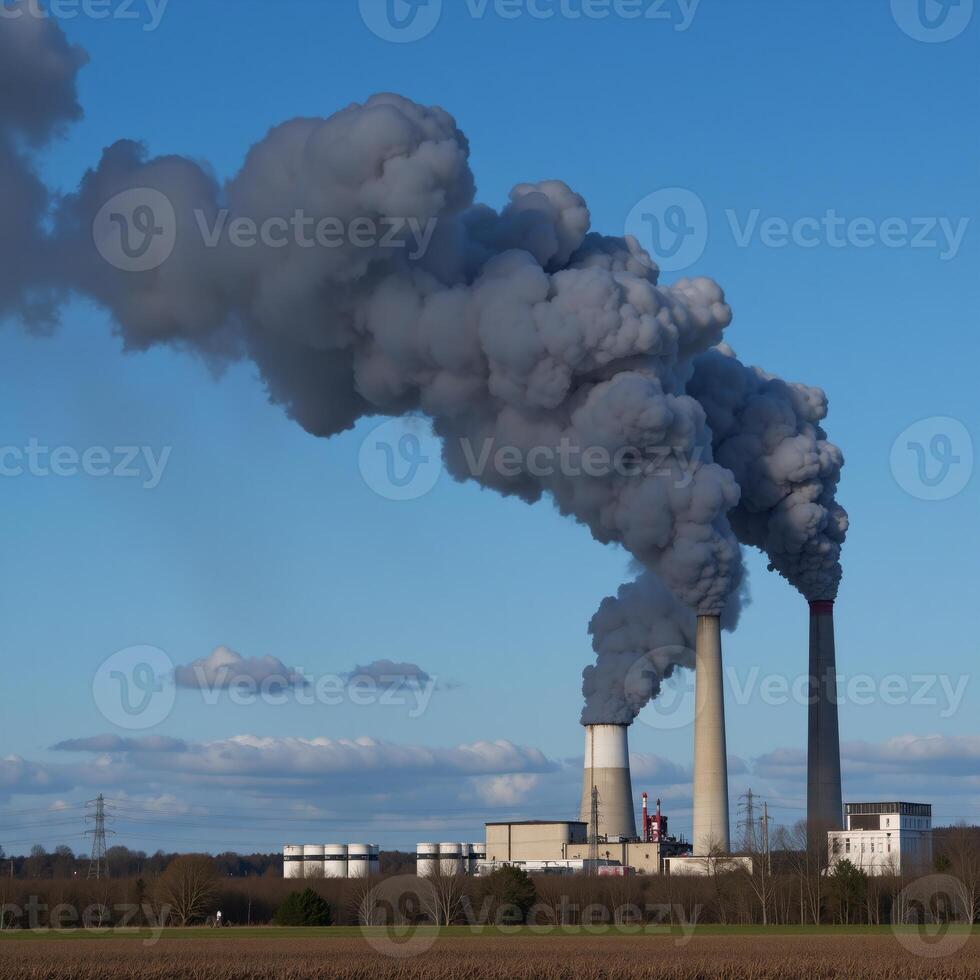 luft förorenad mörk himmel med industriell fabrik rök stackar emitterande smogig moln foto