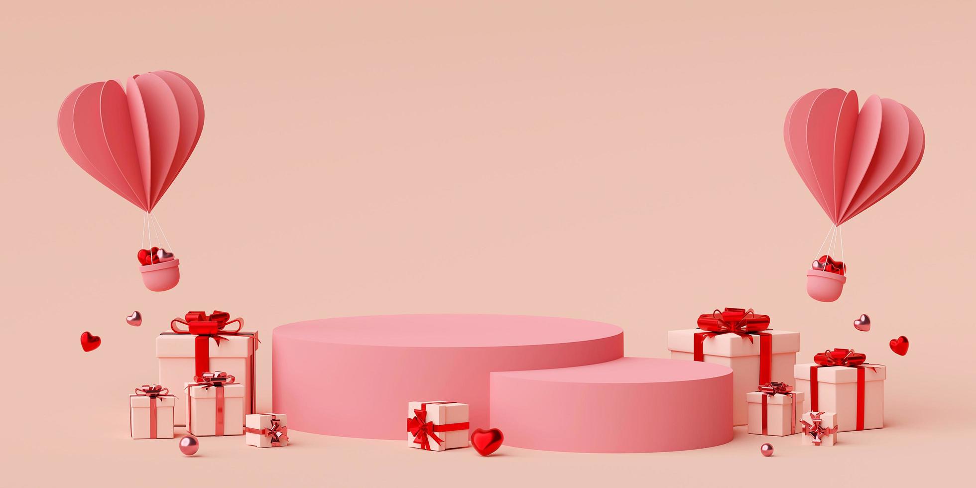 valentine banner bakgrund av podiet med hjärtform ballong med presentförpackning, 3D-rendering foto