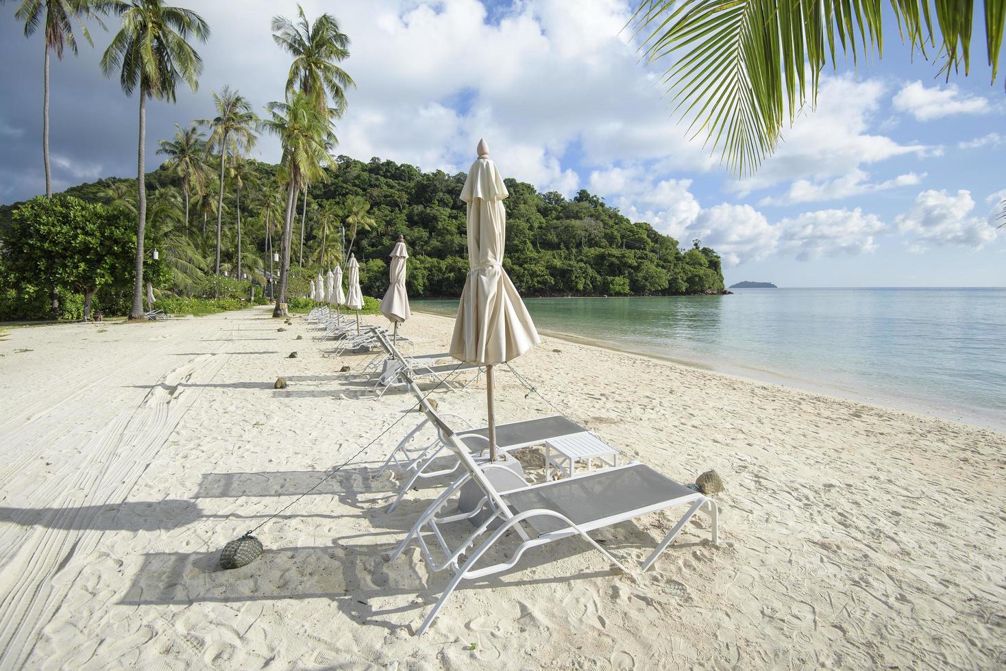 vacker utsikt landskap av solstolar på tropisk strand, smaragdhavet och vit sand mot blå himmel, Maya Bay i phi phi island, thailand foto