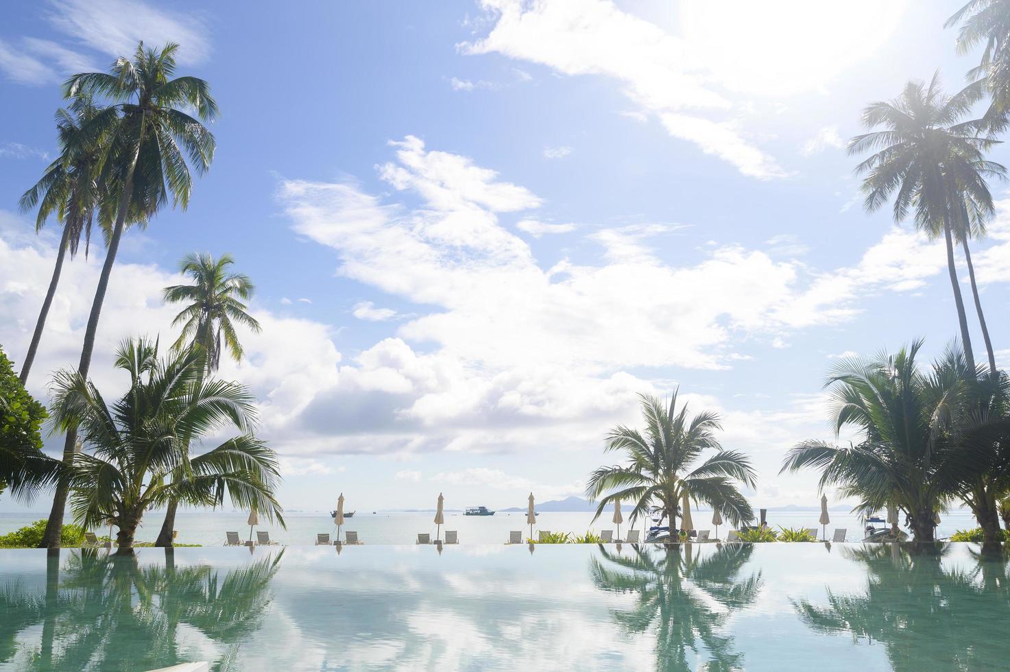 vacker utsikt över poolen med grön tropisk trädgård i mysig resort, phi phi island, thailand foto