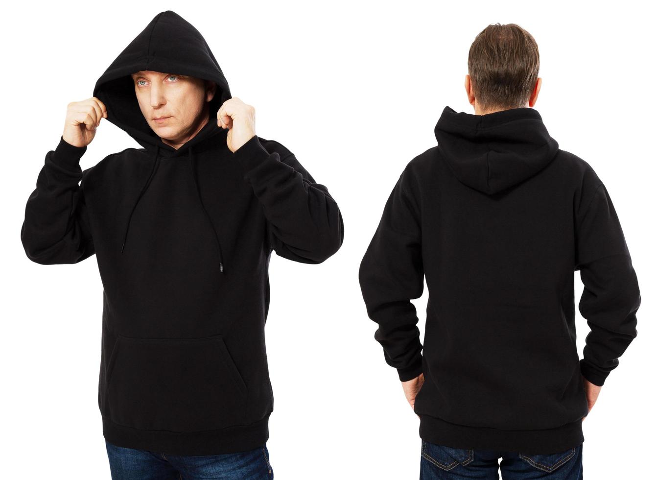 man hoody set, svart hoody framifrån och bakifrån, hood mock up. tom manlig hoody kopia utrymme. fram- och bakbakgrund foto