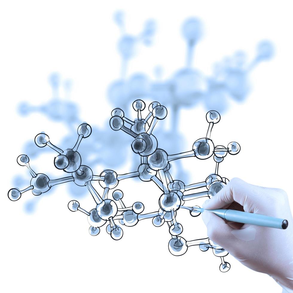 vetenskapsman doktor hand ritar virtuell molekylstruktur i labbet foto
