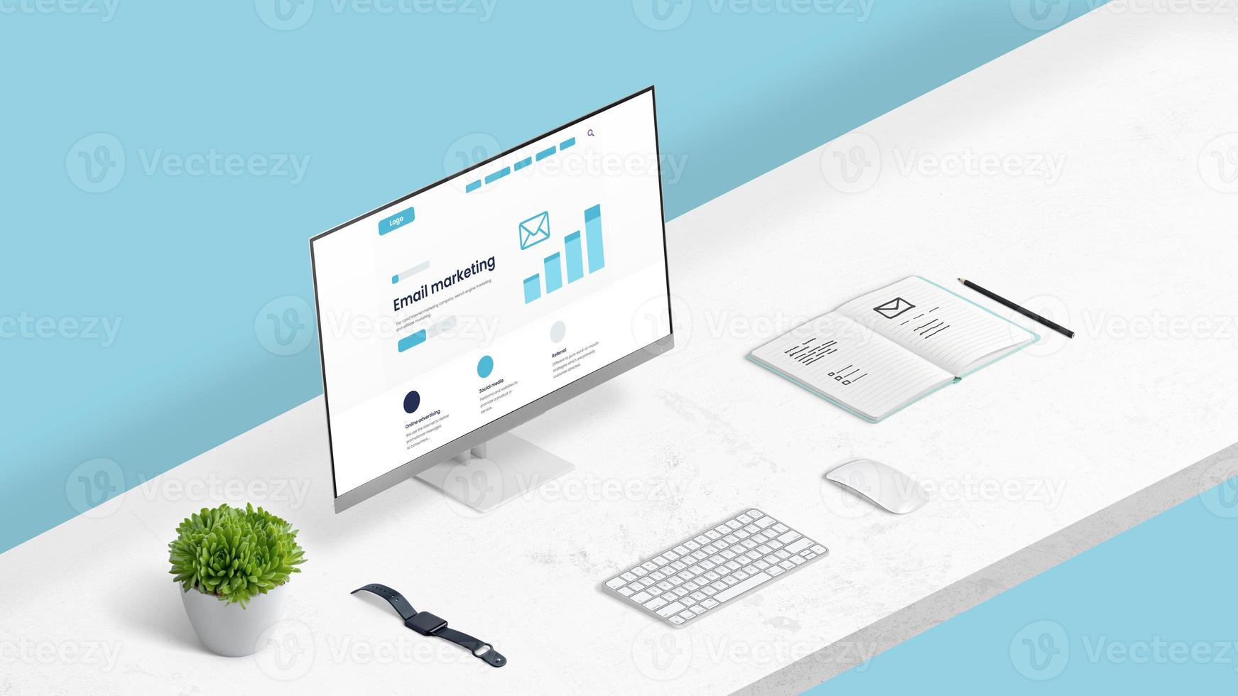 e-postmarknadsföring koncept webbsida på datorskärm. skrivbords isometrisk position foto