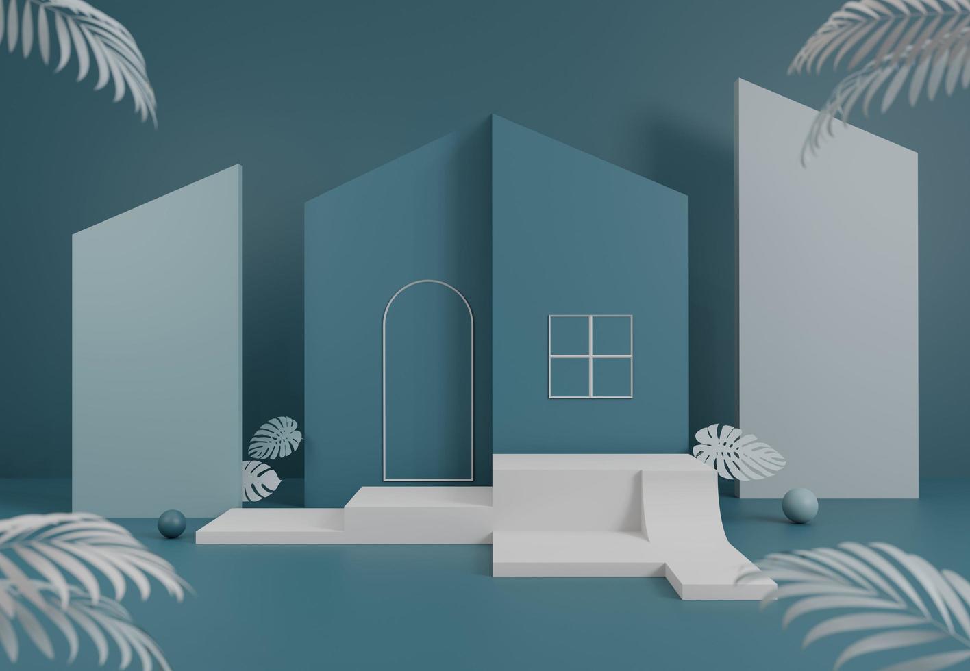 piedestal podium med minimal hus och naturlig växt 3d render illustration foto