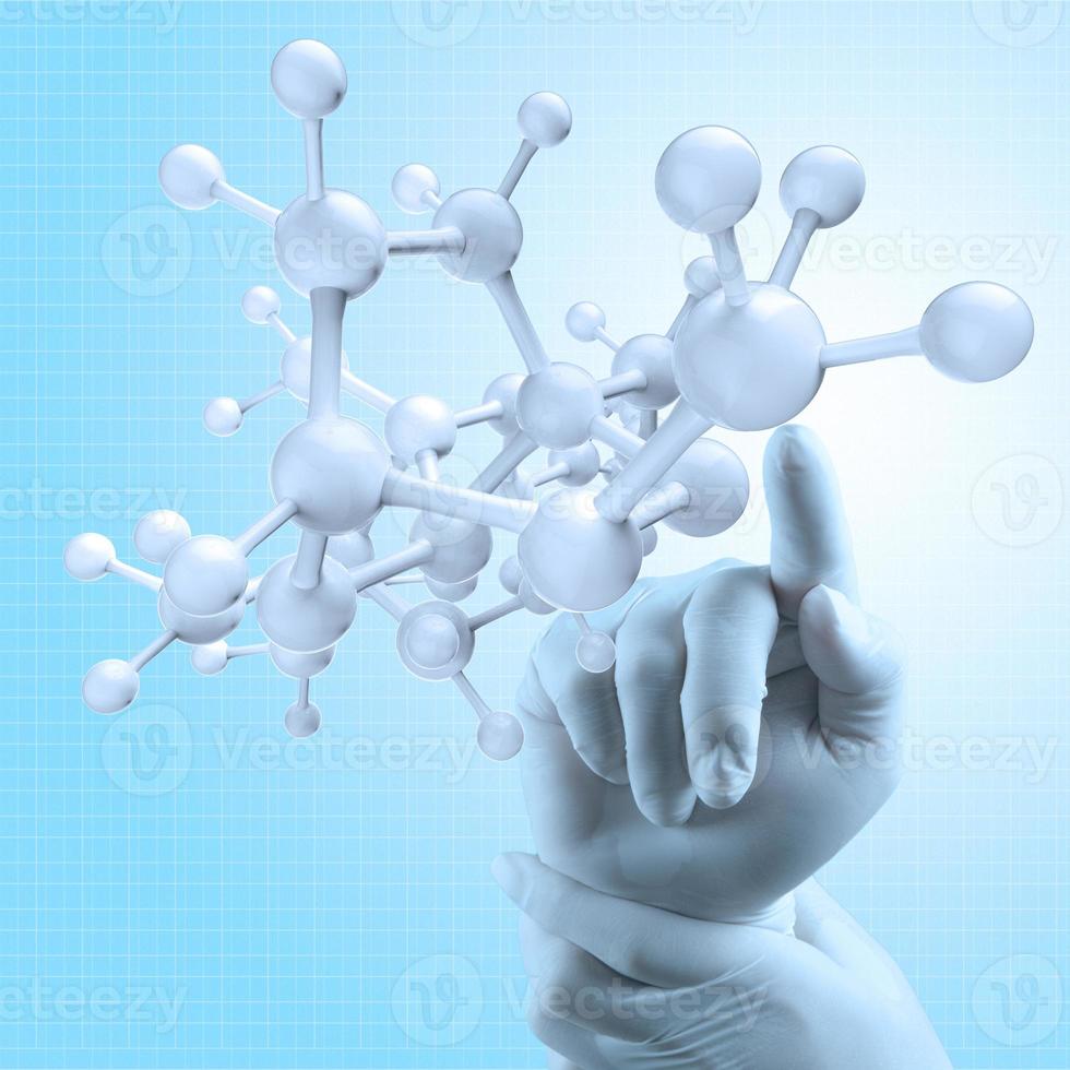 vetenskapsman läkare hand touch virtuell molekylstruktur foto