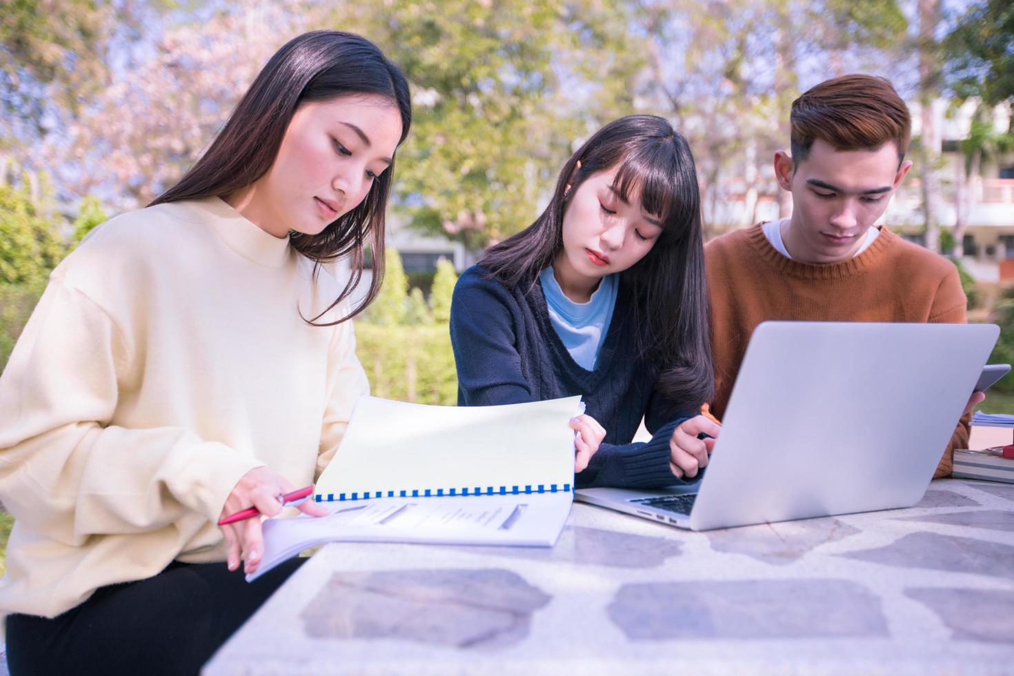 grupp universitetsstudenter asiatiska sitter på det gröna gräset och arbetar och läser utomhus tillsammans i en park foto