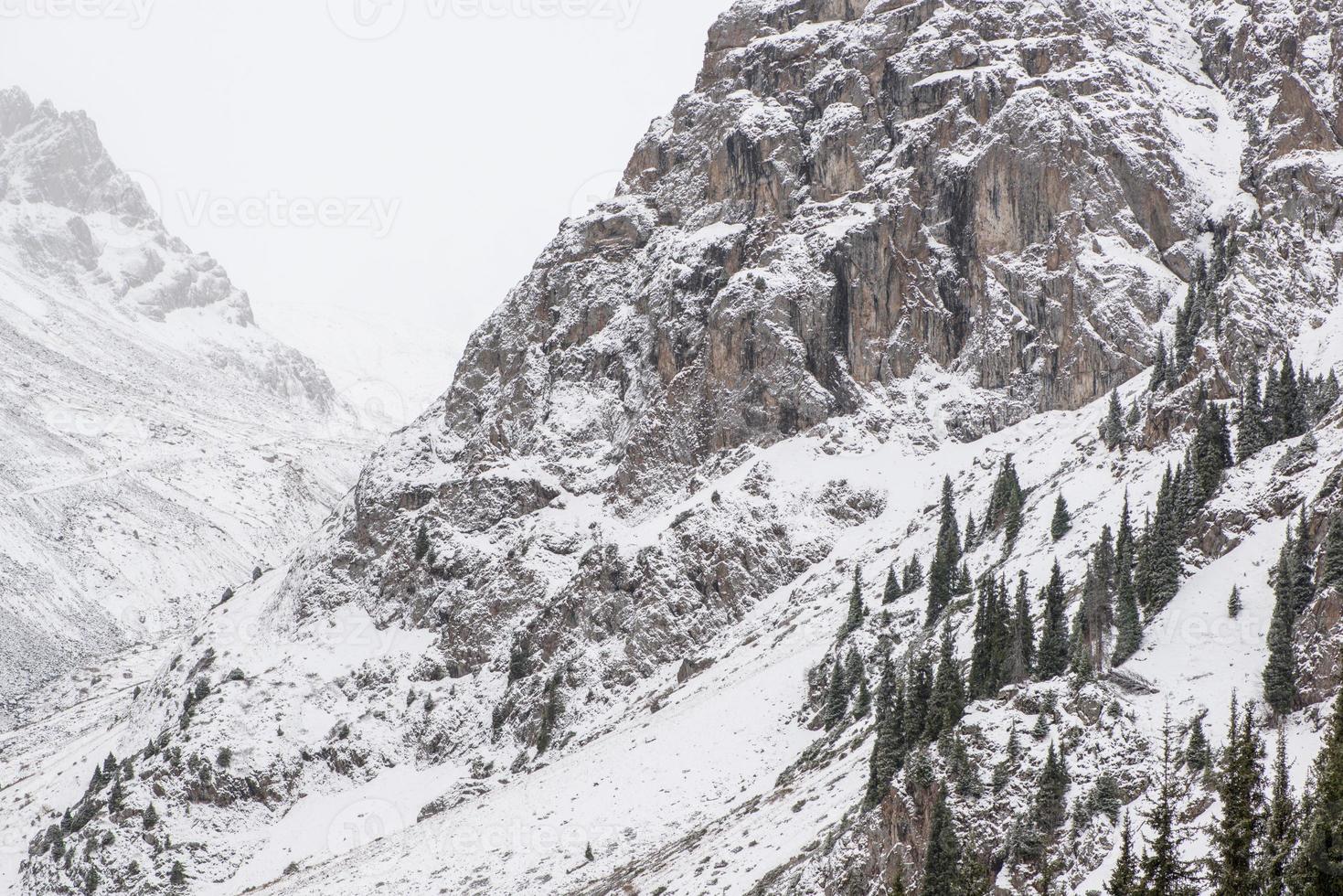 landskap av vintern klippiga berg med dimma foto
