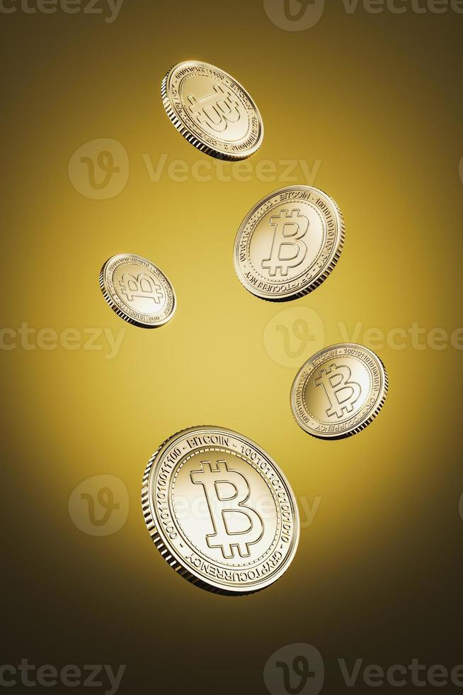 gyllene bitcoin-mynt flyter på gul bakgrund, för kryptovalutamarknaden, främjande av tokenutbyte, reklamsyfte. 3d-rendering foto