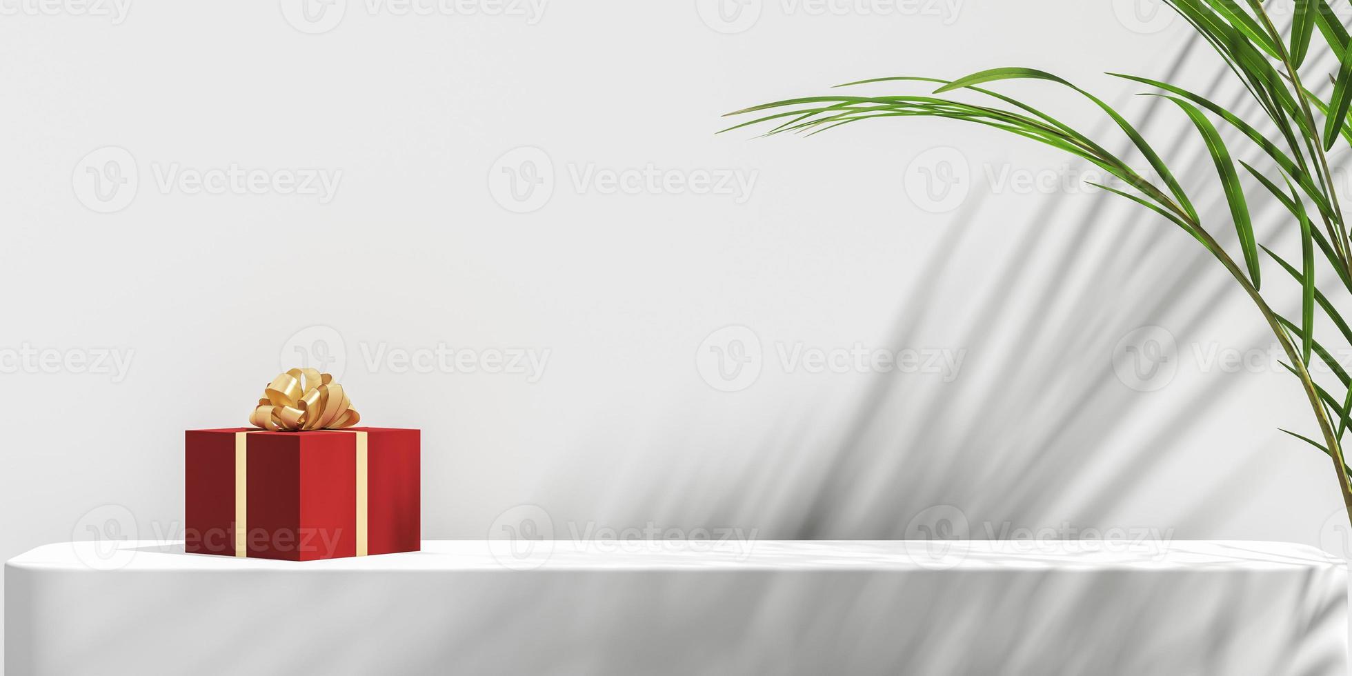minimalistisk abstrakt mockup bakgrund, den röda presentförpackningen på vit plattform, solskydd tropiska växter skugga på vit vägg, tropisk växt förgrund. 3d-rendering foto