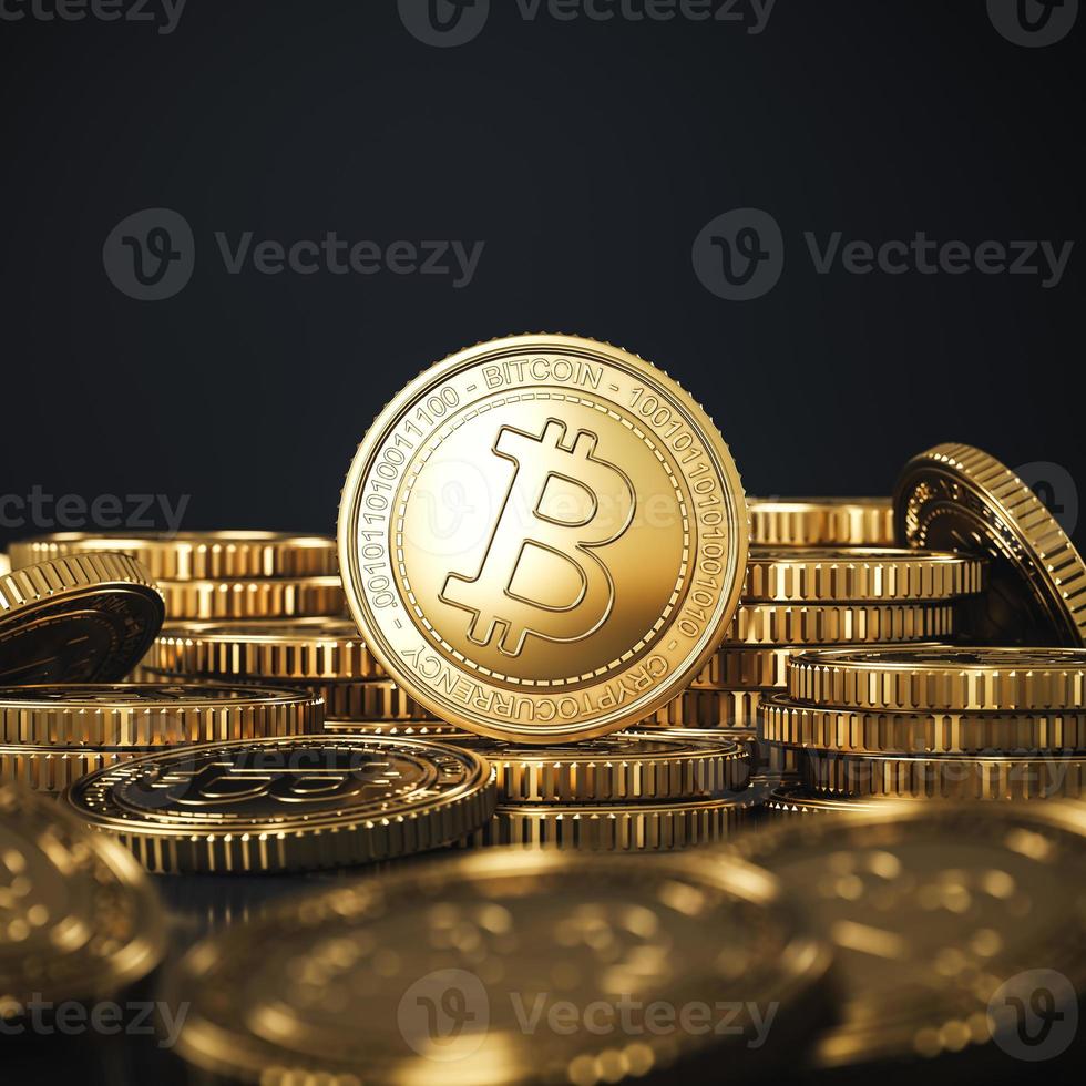 mockup hög med gyllene bitcoins mynt, oskärpa förgrund och bakgrund. för kryptovalutamarknaden, marknadsföring av tokenutbyte, reklamsyfte foto