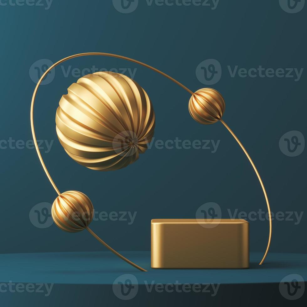 guld podium ring och bollar på blå plattform, abstrakt bakgrund för presentation eller reklam. 3d-rendering foto