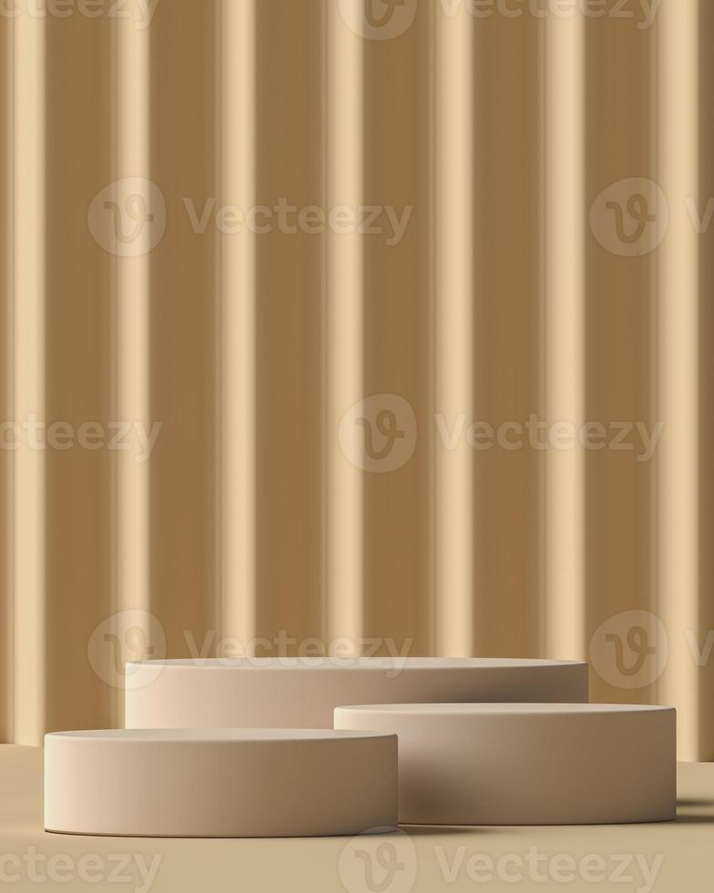 beige tre cylindrisk sockel i beige scen korrugerad panel bakgrund, minimal mockup bakgrund för varumärke och produktpresentation. foto