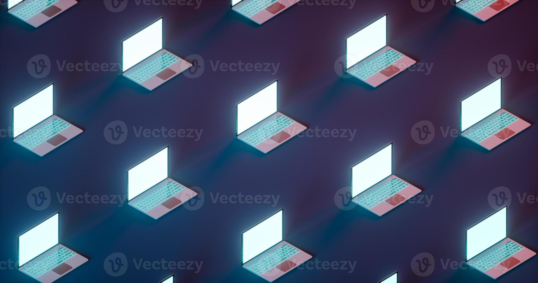 uppsättning av många öppna gaming laptop på ljusblå och röd bakgrund. isometrisk vy. 3d rendering foto