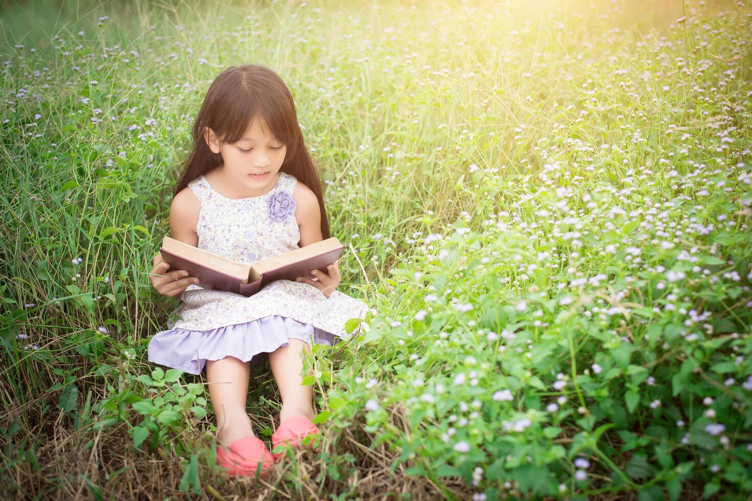 liten söt asiatisk flicka som läser bok i naturen. foto