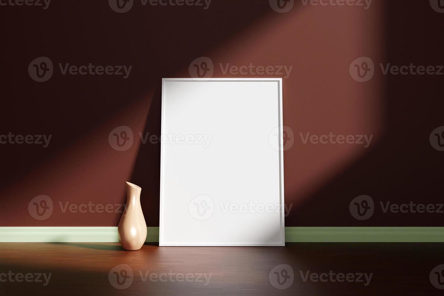 vertikal vit affisch eller fotoram mockup med vas på trägolvet lutad mot rumsväggen med skugga foto