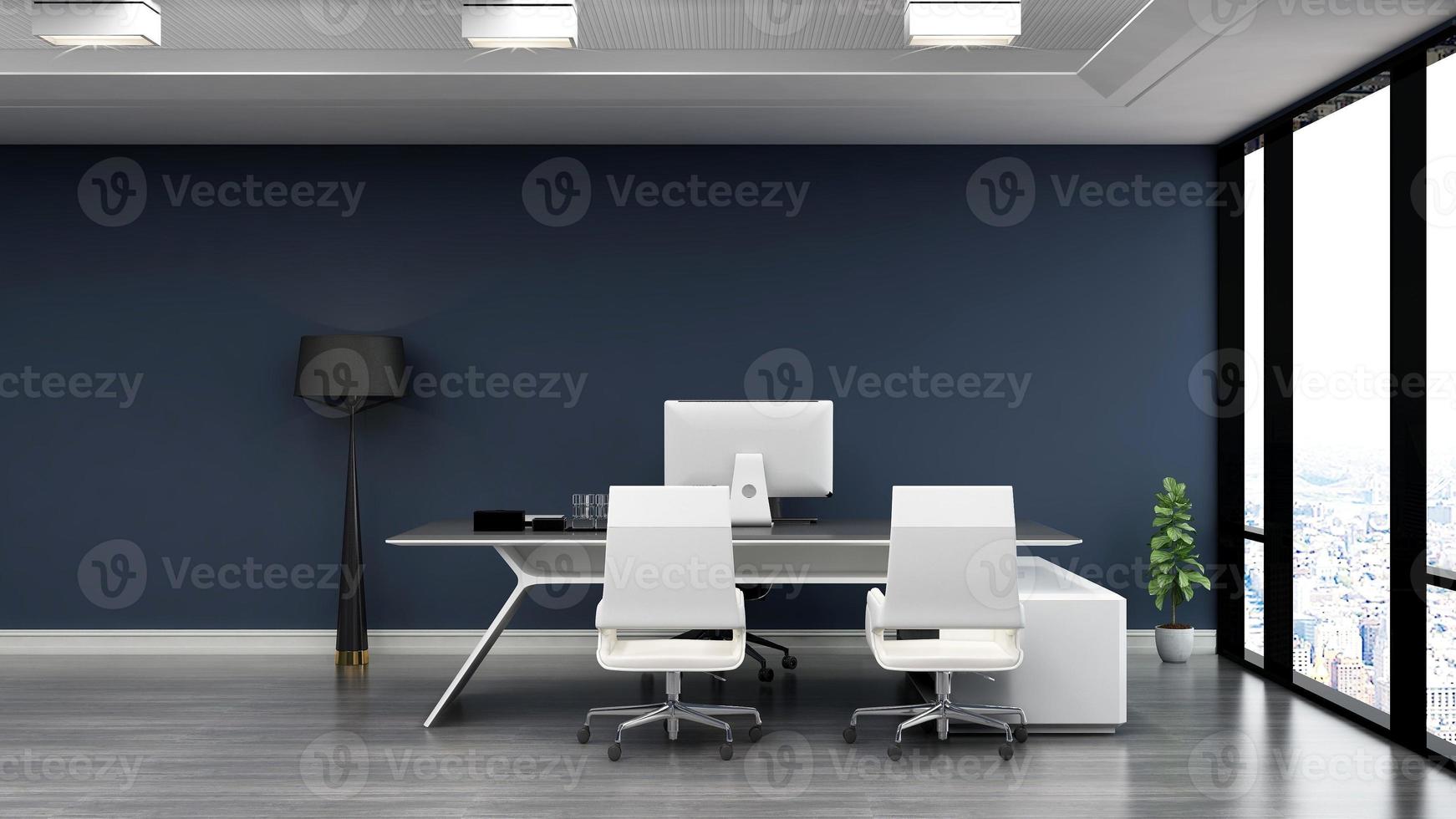 3D-rendering modernt kontorschefsrum med 3d-designinteriör för företagets vägglogotypmodell foto