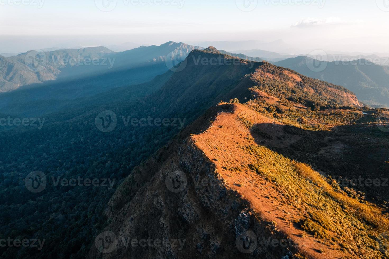 morgonljus och berg, berg på sommaren morgon- och vårblommor foto