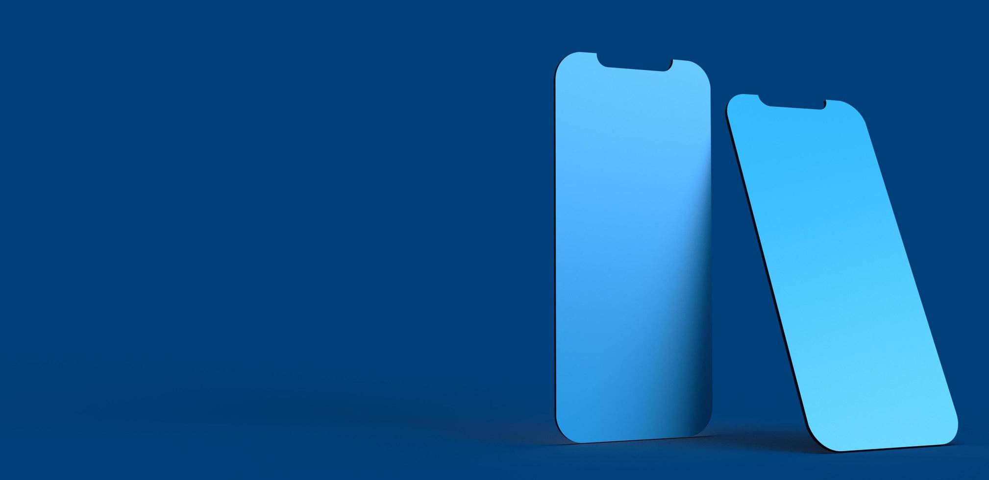 blå lila färg smartphone surfplatta mobil pekskärm objekt mockup tom bakgrund tapet kopia utrymme kreativ grafisk design affärsteknik elektronisk digital online display.3d rendering foto