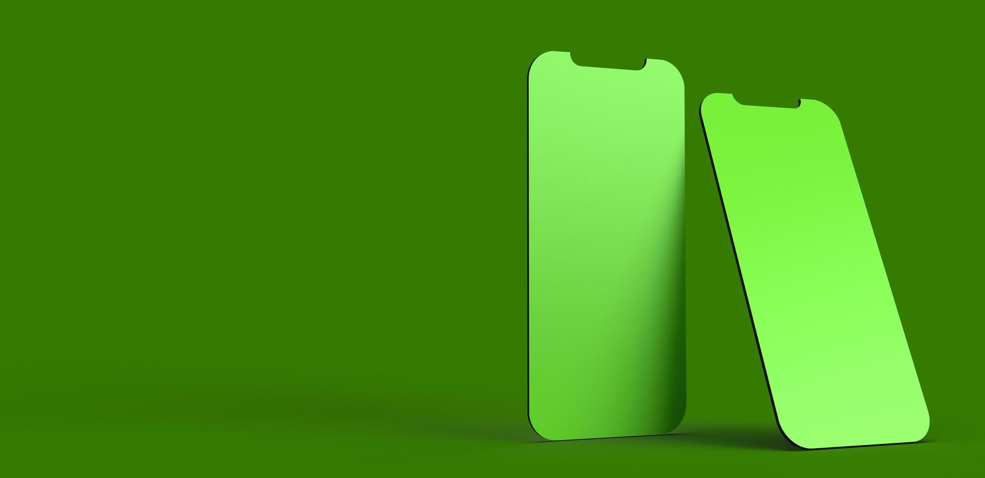 grön mörk färg smartphone surfplatta mobil pekskärm objekt mockup tom bakgrund tapet kopia utrymme kreativ grafisk design affärsteknik elektronisk digital online display.3d rendering foto