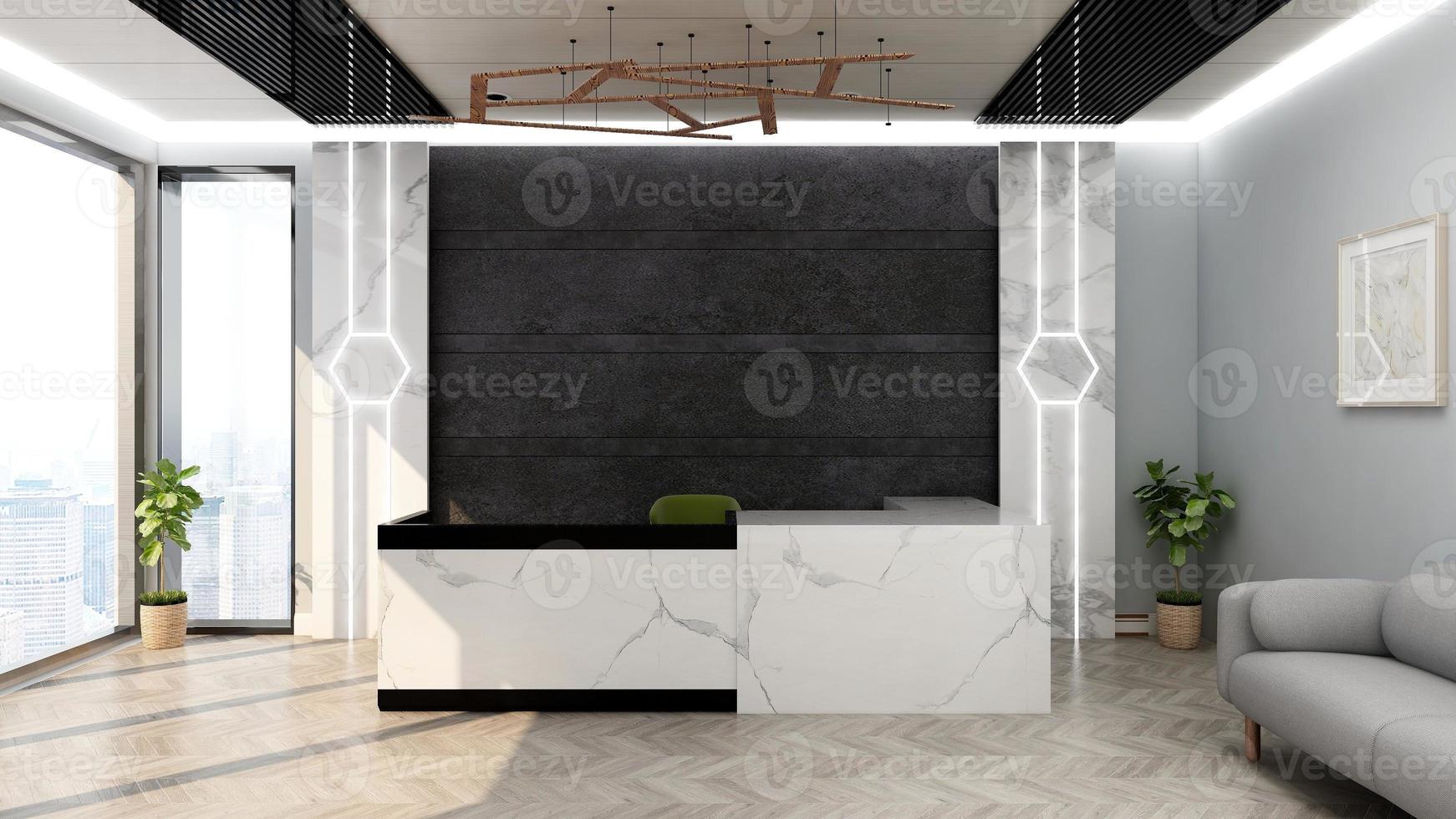 3D-rendering lyxig kontorsmottagning eller receptionsinredning för logotypmodell foto