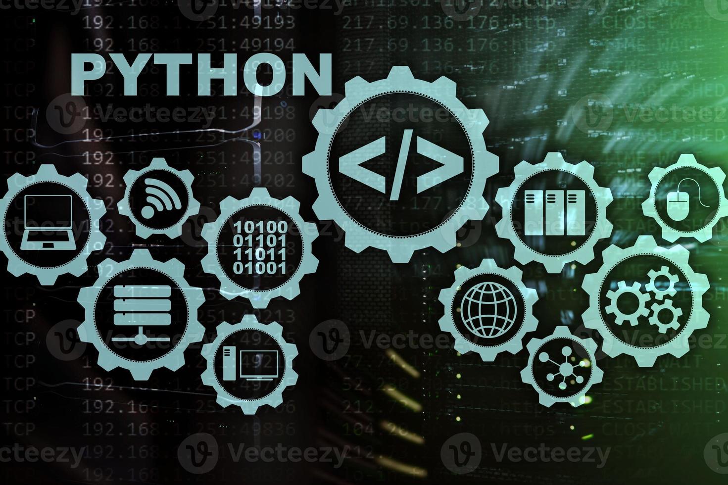 python -programmeringsspråk på serverrumsbakgrund. programmering av arbetsflöde abstrakt algoritmkoncept på virtuell skärm foto
