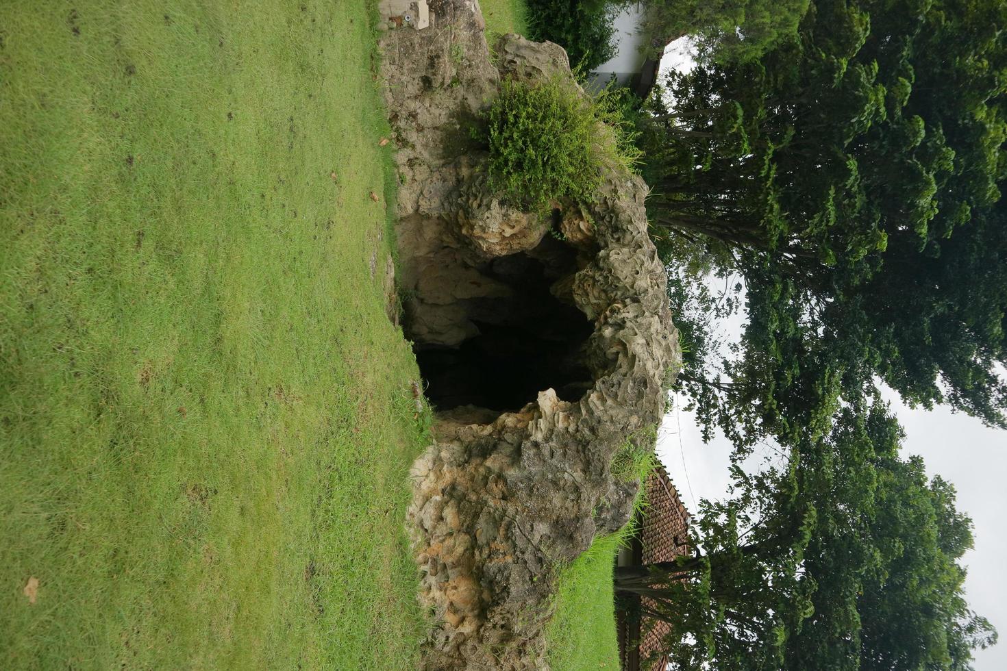 konstgjord grotta mitt i parken med grönt gräs foto