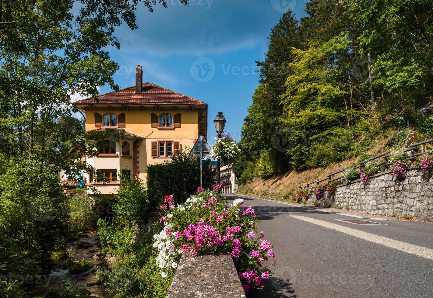 blommande by i alsace. dekoration av gatlyktor med krukväxter och blommor. foto