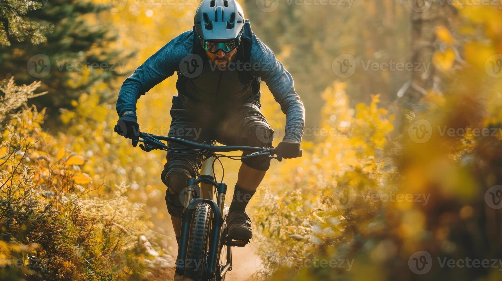 berg cyklist ridning spår genom gyllene höst skog foto