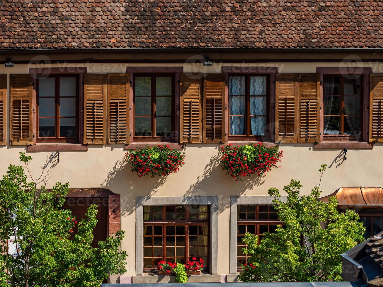 blommande by i alsace. solbelysta gator fulla av blommor. foto