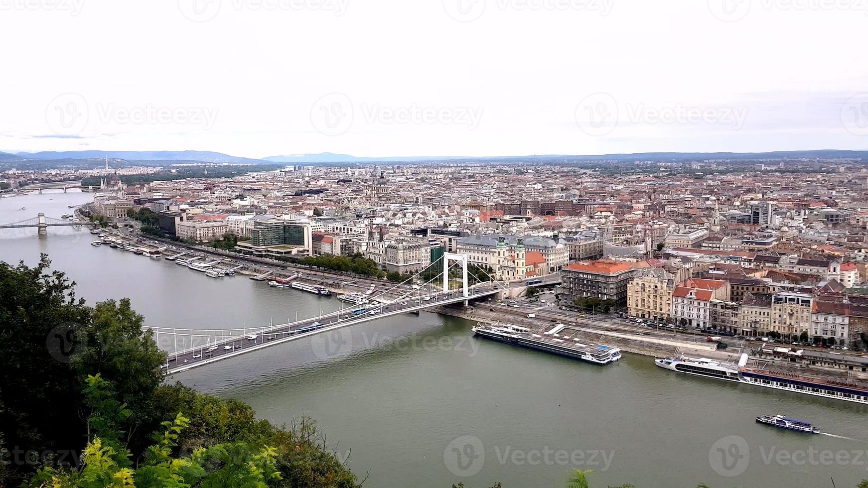 Flygfoto över budapest skyline och elisabeth bridge. foto