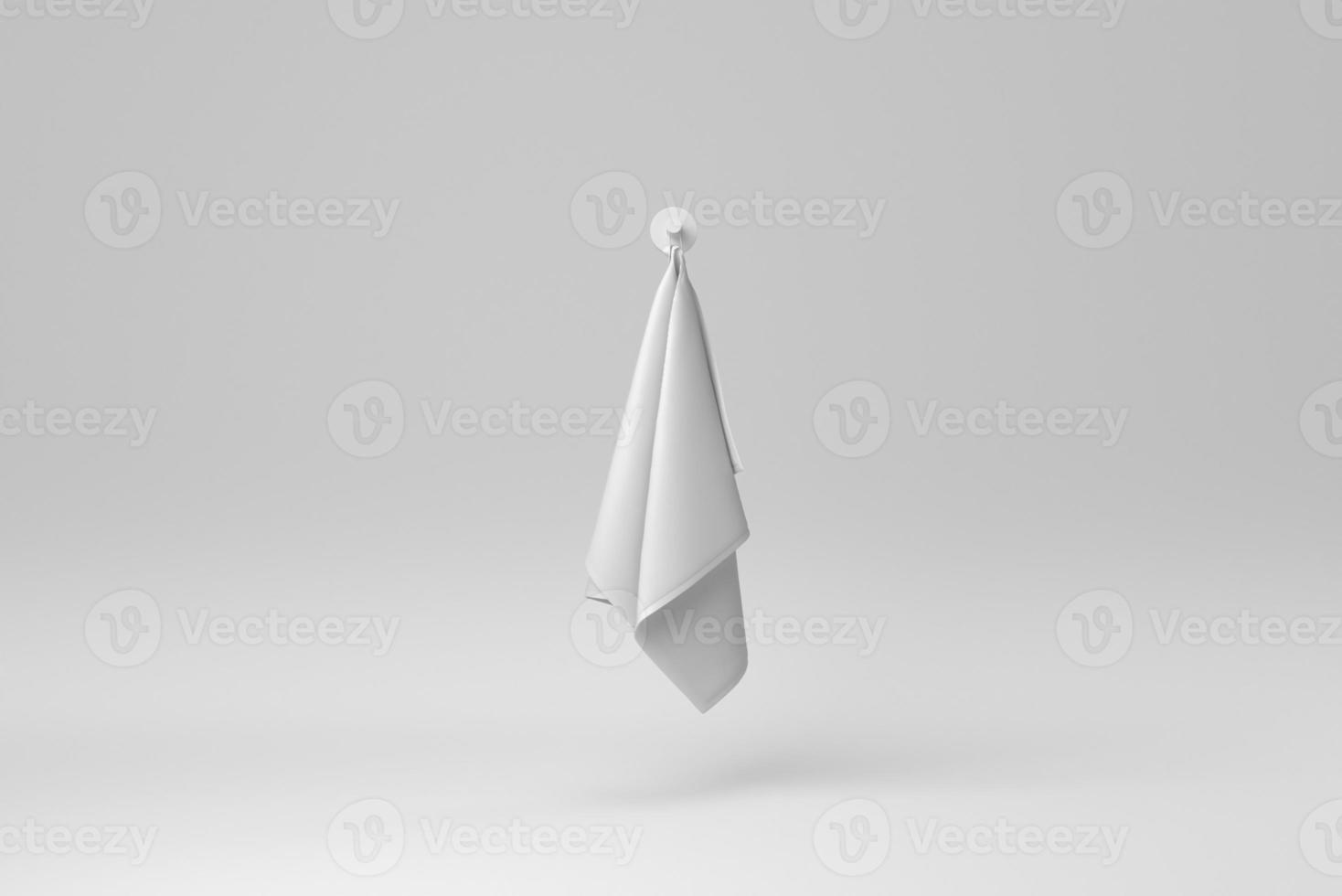 vita frottéhanddukar i bomull hängande på en vit bakgrund. minimalt koncept. svartvit. 3d rendering. foto