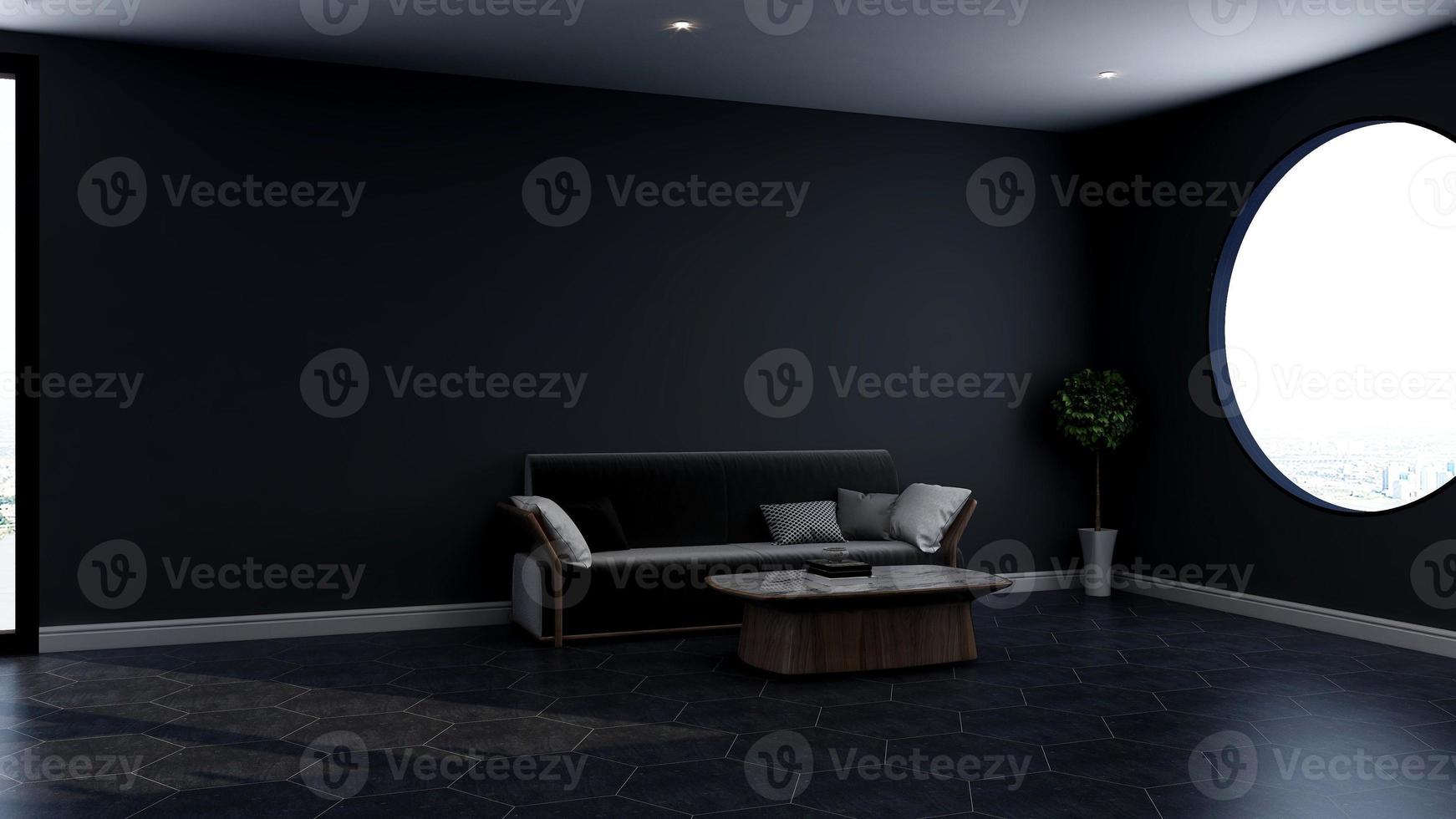 3D-rendering av loungeväggmockupdesign med modernt minimalistiskt inredningskoncept foto