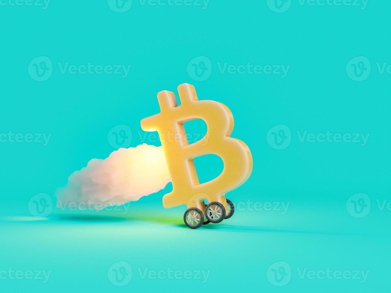 Bitcoin symbol driven med hjul och rök spår bakom foto