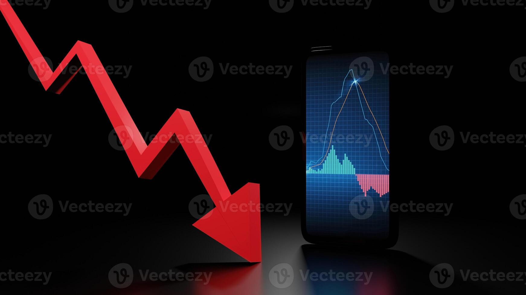 abstrakt bakgrund av mobiltelefon med röd pil aktiemarknadsgraf macd-indikator, 3d-illustrationsrendering foto