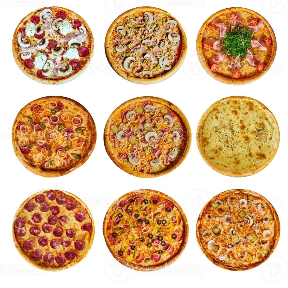 en uppsättning av nio olika pizza för menyn, med ost, med skinka, med salami, med svamp, med holopina med tomater på isolerad bakgrund foto