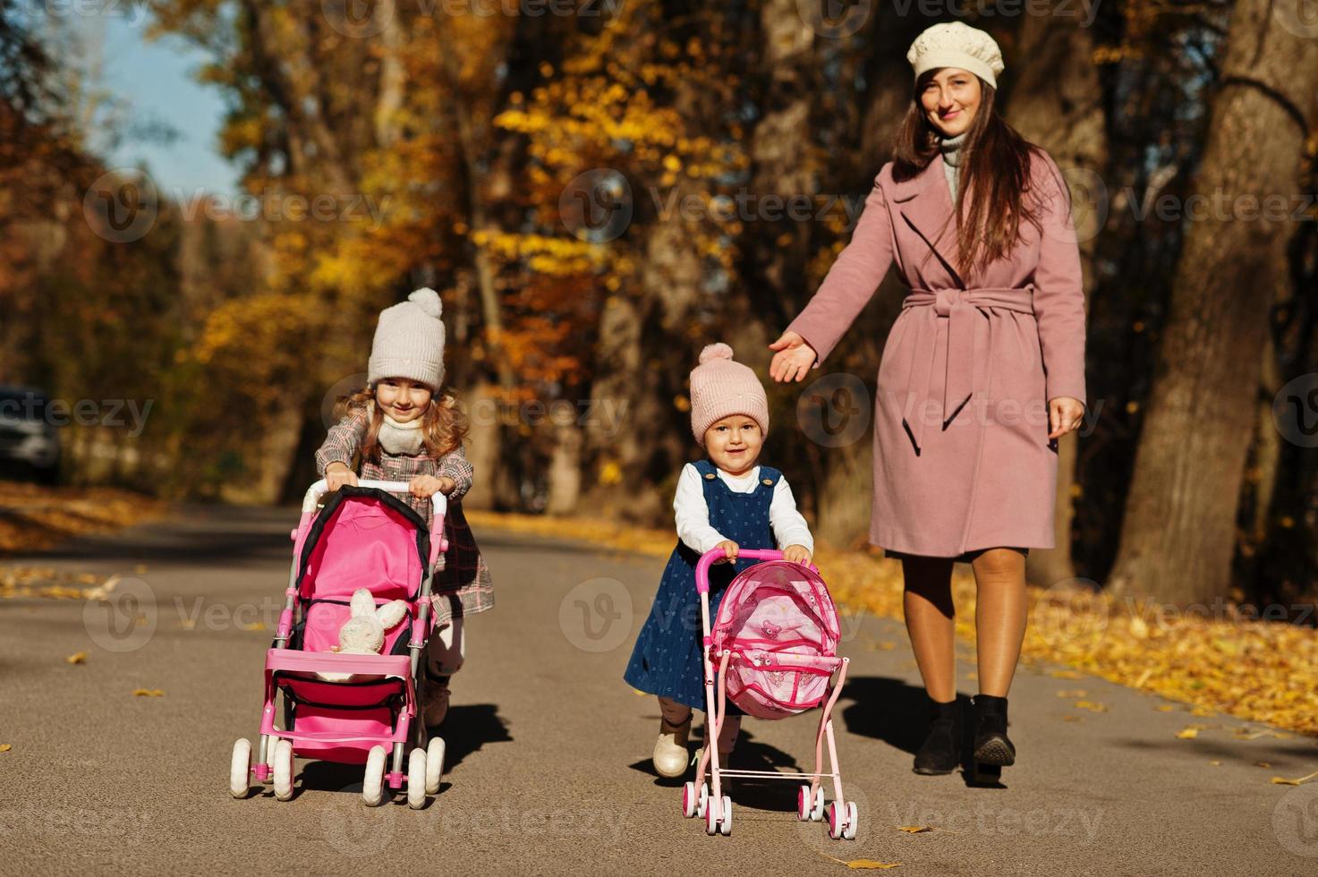 mamma och två baby döttrar med barnvagn gå på höst park. foto