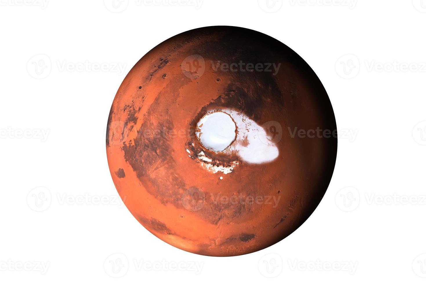 lanet mars ovansidan av solsystemet gör isolerad på vit bakgrund. planetens nordpol. 3d render illustration. delar av denna bild från nasa. foto