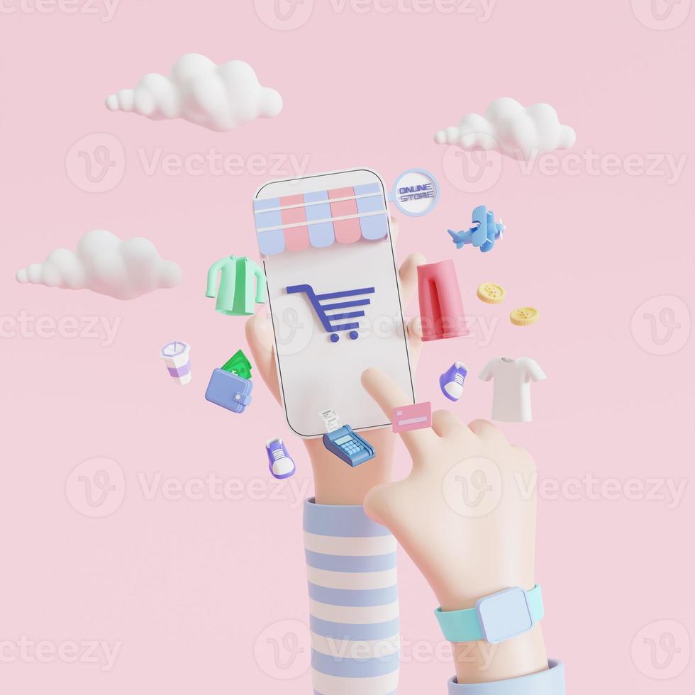 tecknad hand som håller mobil smartphone med shoppingapp. online shopping koncept. 3D-illustrationer. foto