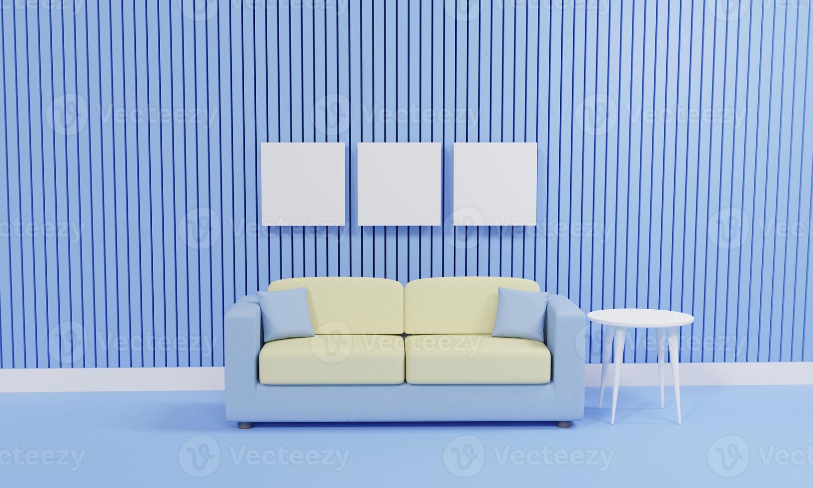 minimalistiskt vardagsrum med soffa mot blå vägg, 3d-rendering foto