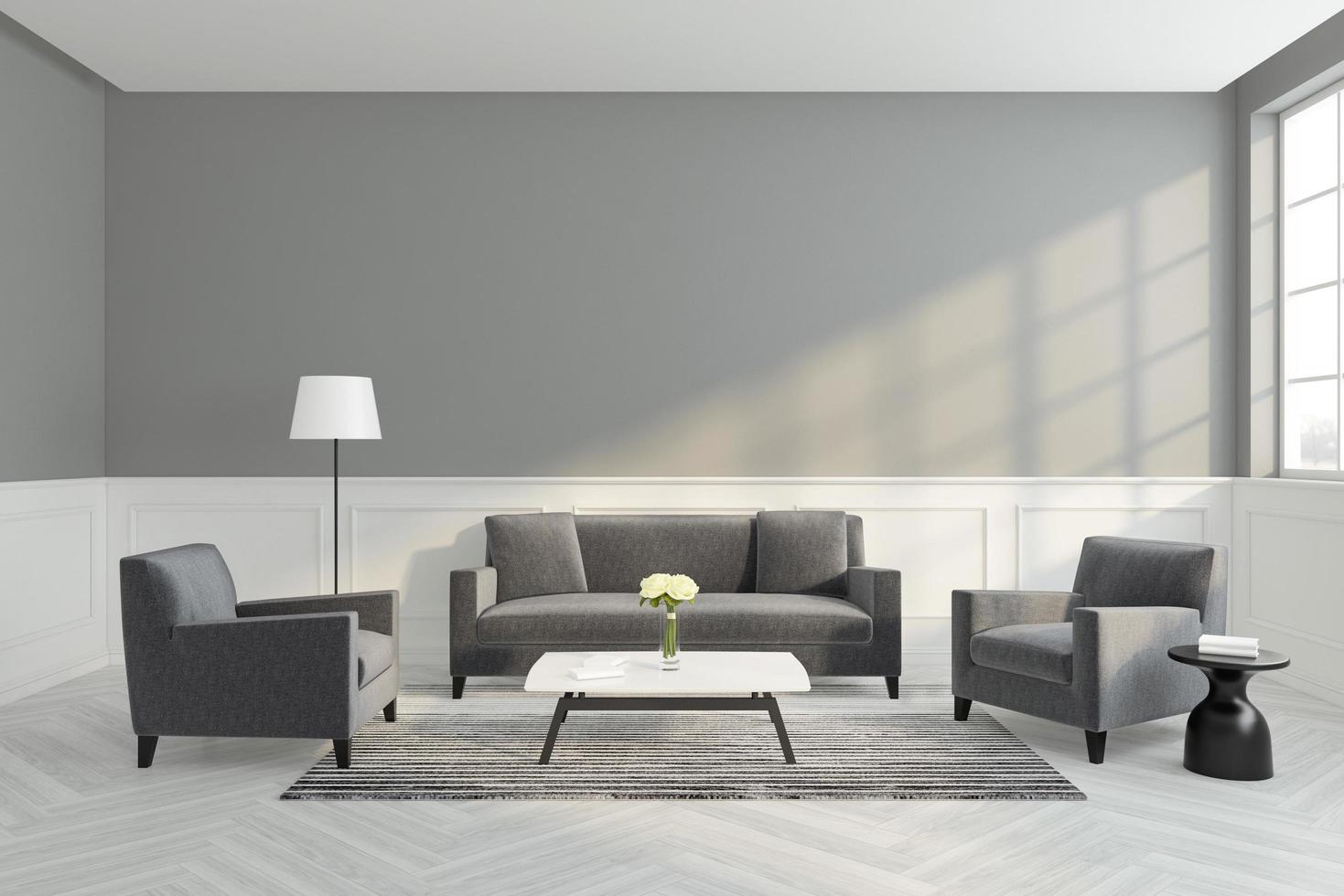 lyxigt minimalistiskt vardagsrum med grå och vit vägggesims, ljusa trägolv. 3d-rendering foto