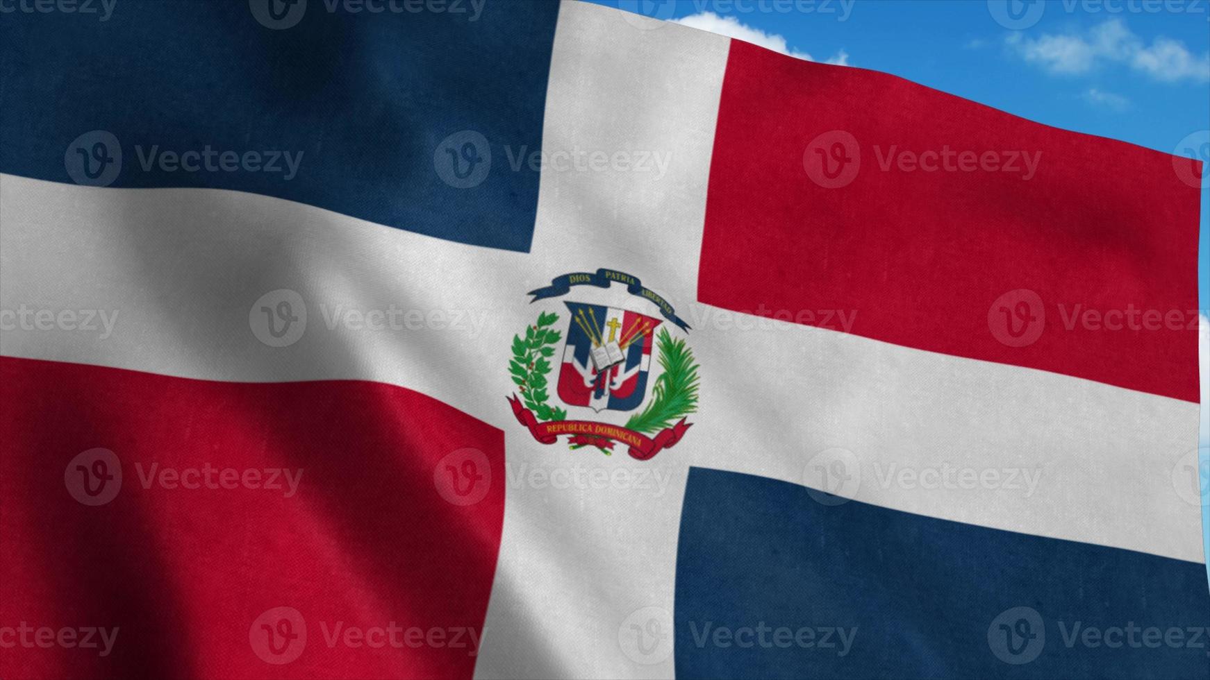 stora dominikanska republikens flagga vajande i vinden, blå himmel bakgrund. 3d-rendering foto