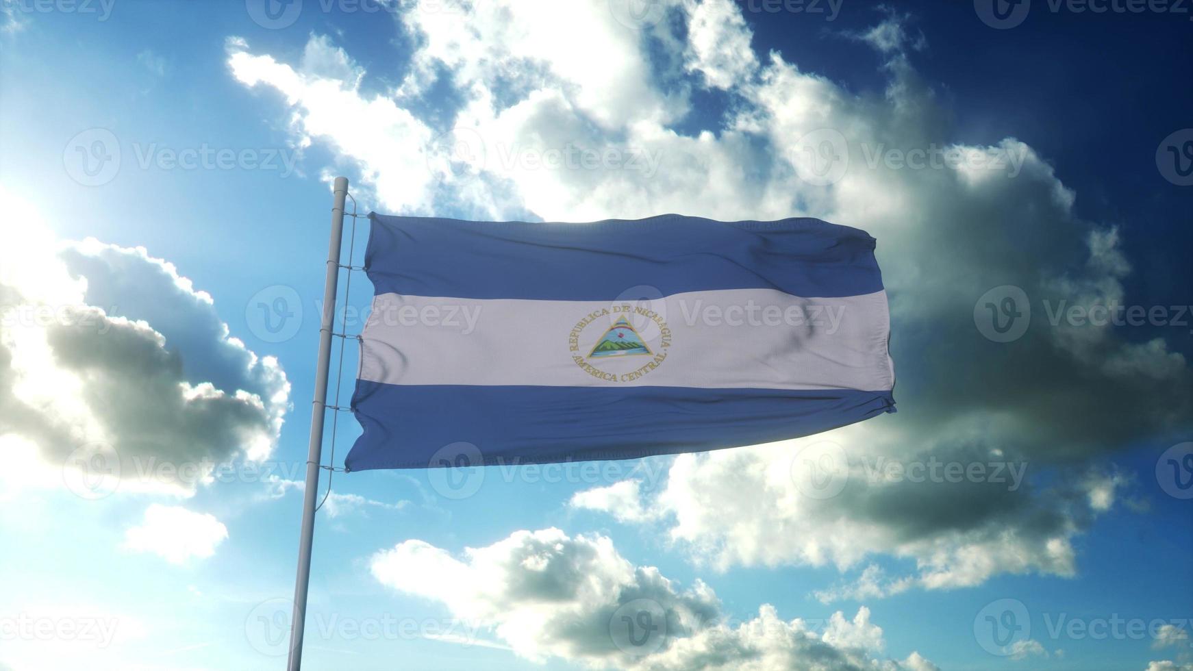 nicaraguas flagga vajar i vinden mot vacker blå himmel. 3d-rendering foto