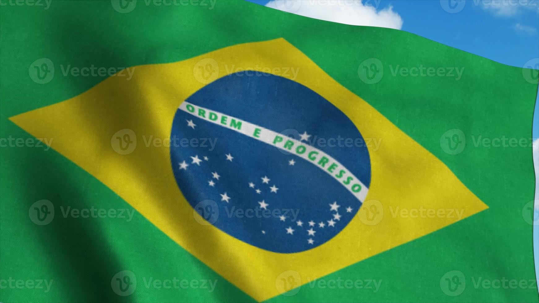 Brasiliens flagga vajar i vinden, blå himmel bakgrund. 3d-rendering foto