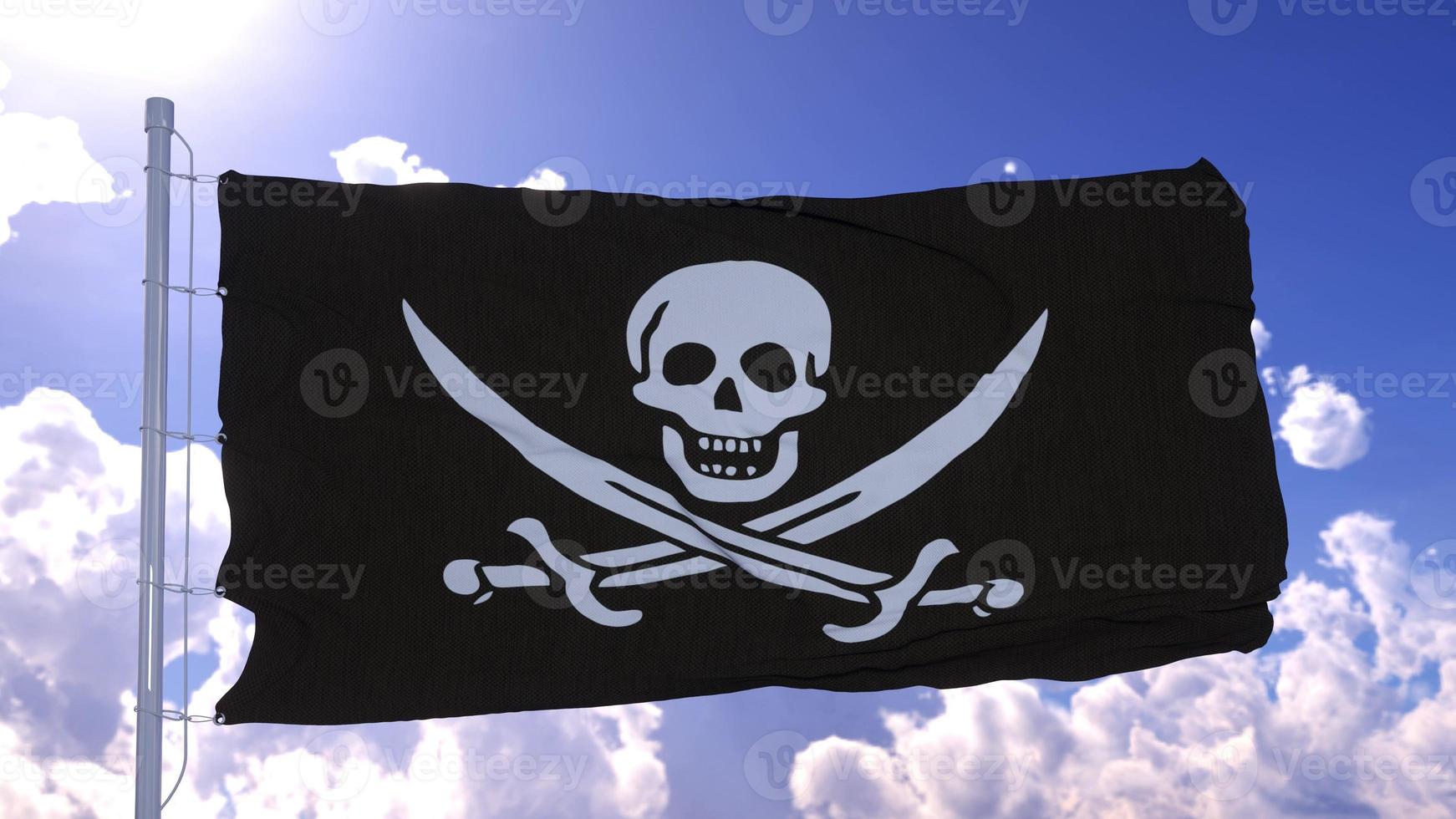 realistisk piratflagga vajande i vinden mot blå himmel. 3d-rendering foto