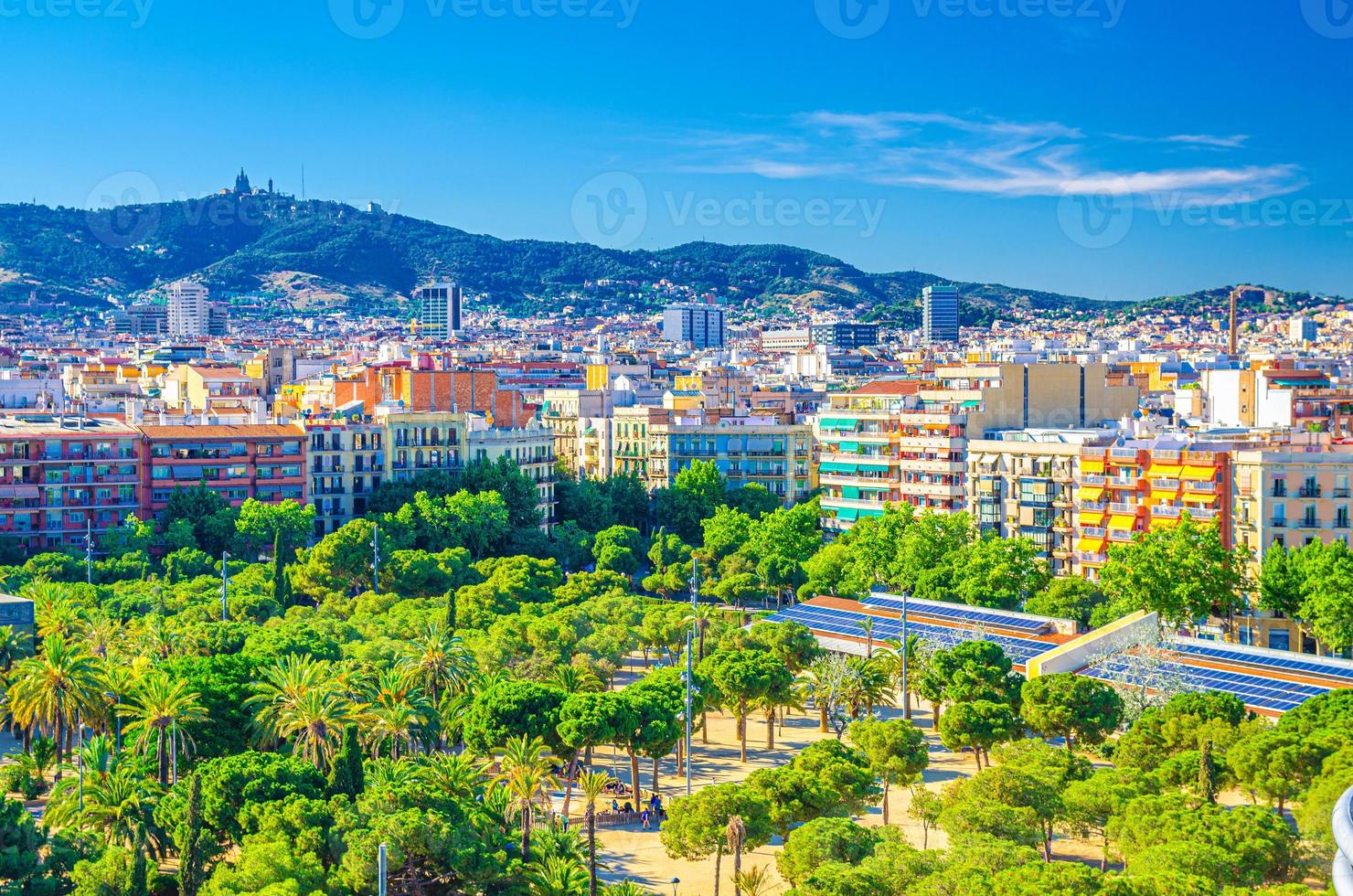 Flygfoto över barcelona stads historiska kvarter distrikt med palmträd park, bostadshus foto