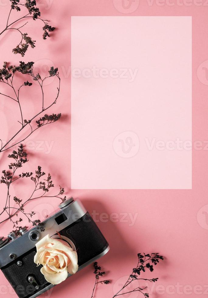 blank för att dekorera vykort eller ett presentkort till en fotograf. gammal kamera på en rosa bakgrund med gråa torkade blommor och utrymme för text foto