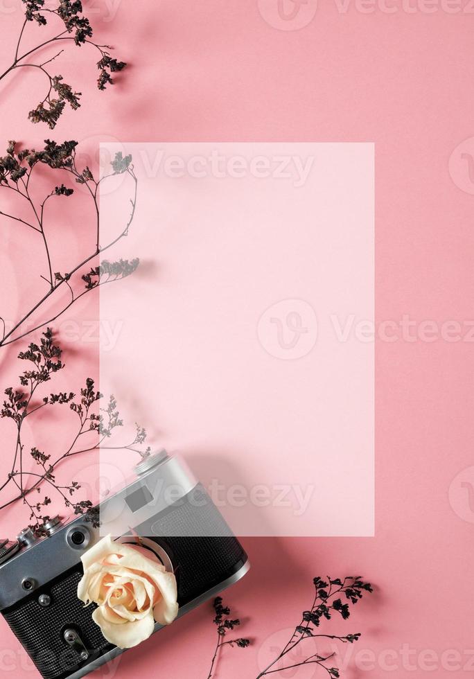 blank för att dekorera vykort eller ett presentkort till en fotograf. gammal kamera på en rosa bakgrund med gråa torkade blommor och utrymme för text foto